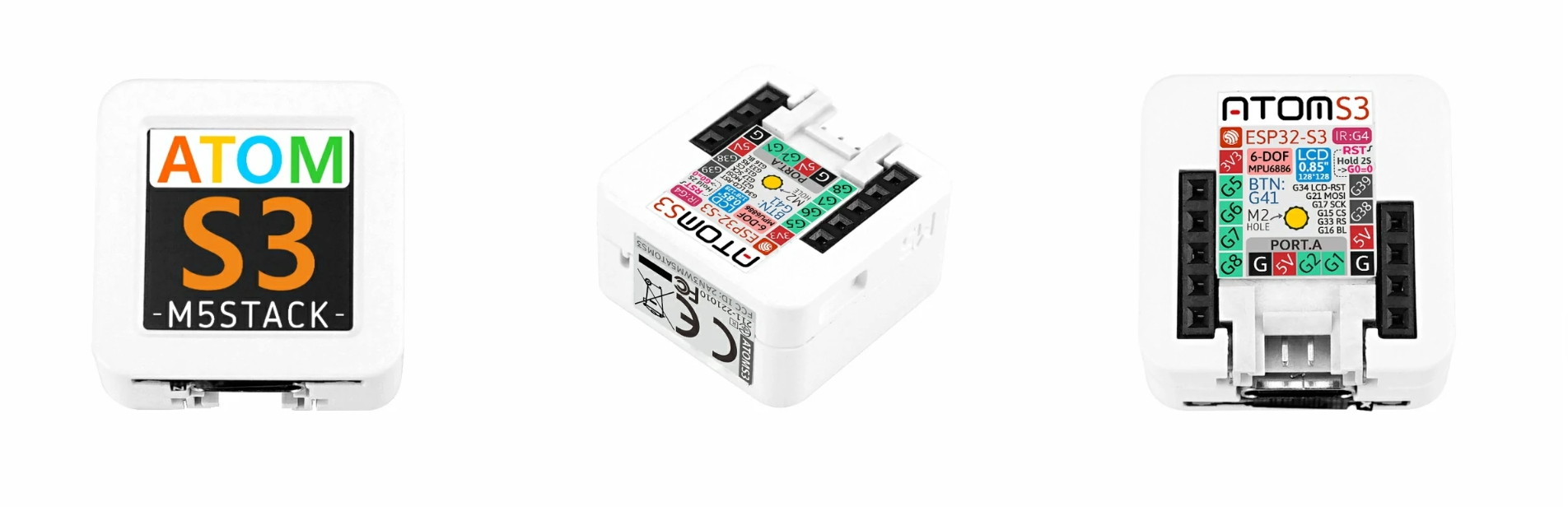 M5Stack AtomS3 development kit front and back views showing LCD display, GPIO pinout, and USB-C interface