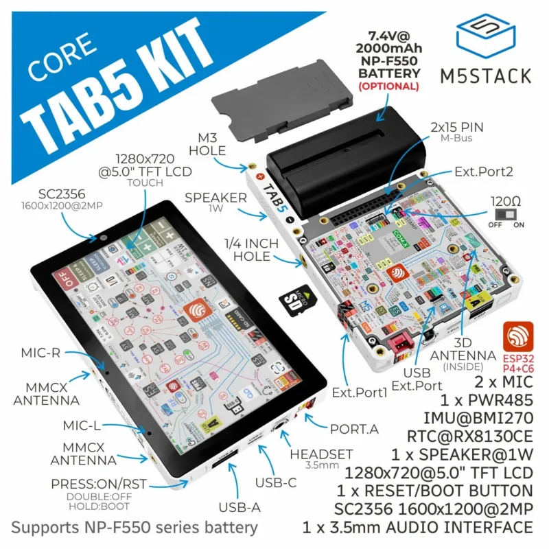 M5Stack Tab5 IoT Development Kit | RISC-V ESP32-P4 & Wi-Fi 6 Smart Terminal with 5" Touch Display & AI Camera
