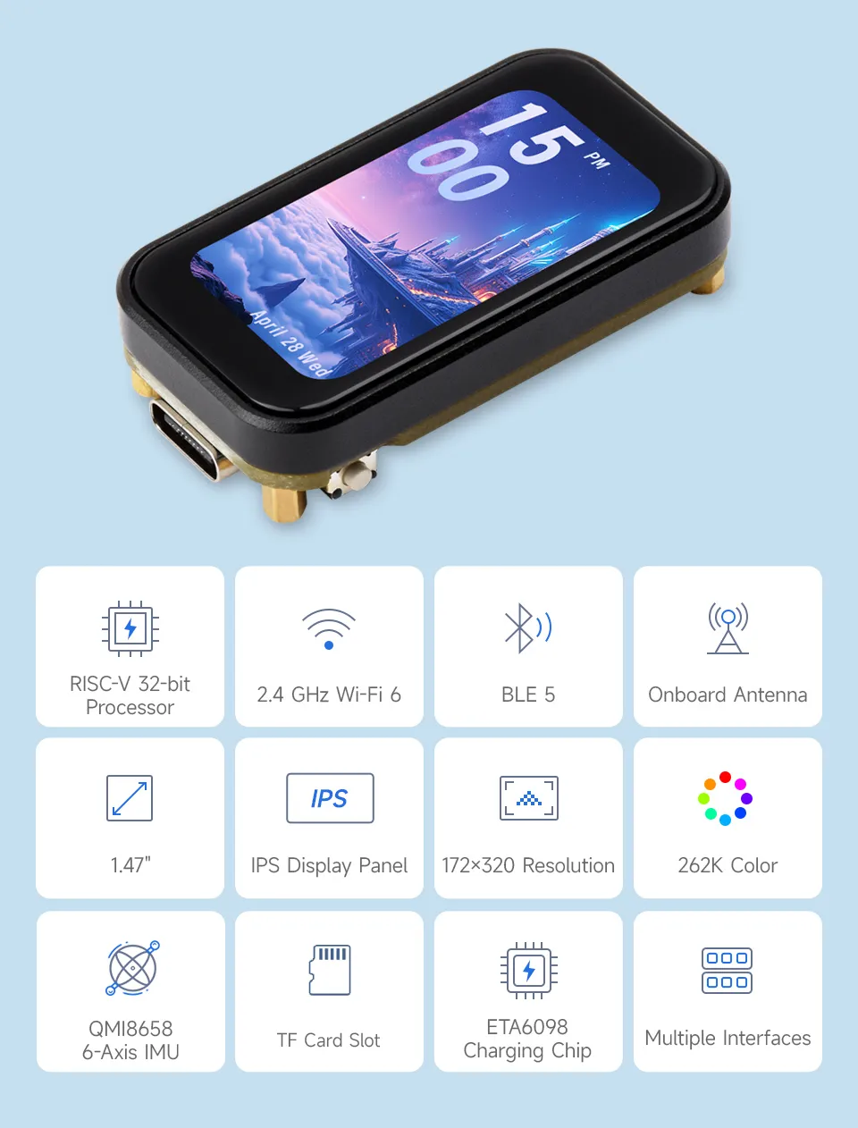 Waveshare ESP32-C6 1.47inch Touch Display Dev Board, 172×320 Resolution, 262K Display Color