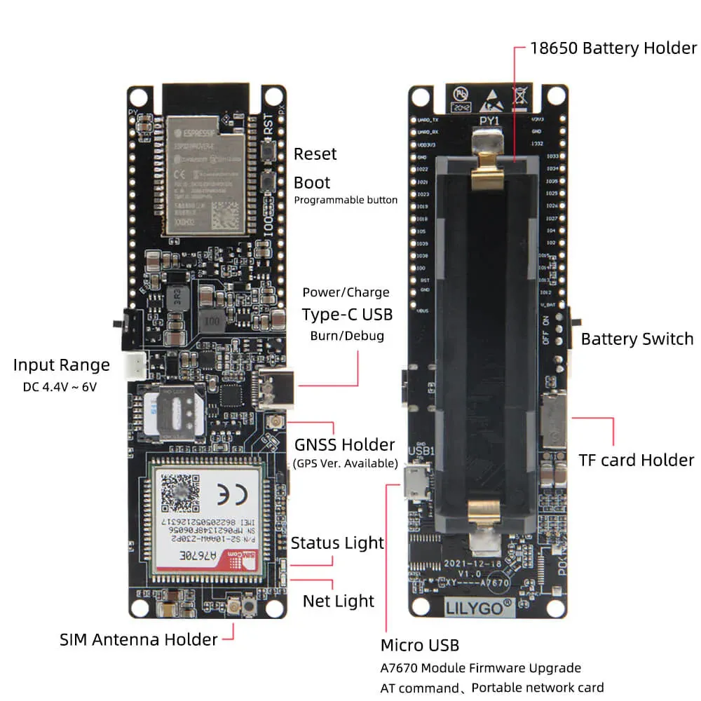 LILYGO T-A7670E/G/SA R2 Wireless Module ESP32 Chip 4G LTE CAT1 MCU32 Development Board
